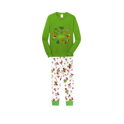 Christmas Family Matching Pajamas-Green Top and Grinch Pants Pjs Set with Grinch and Christmas Pattern Print