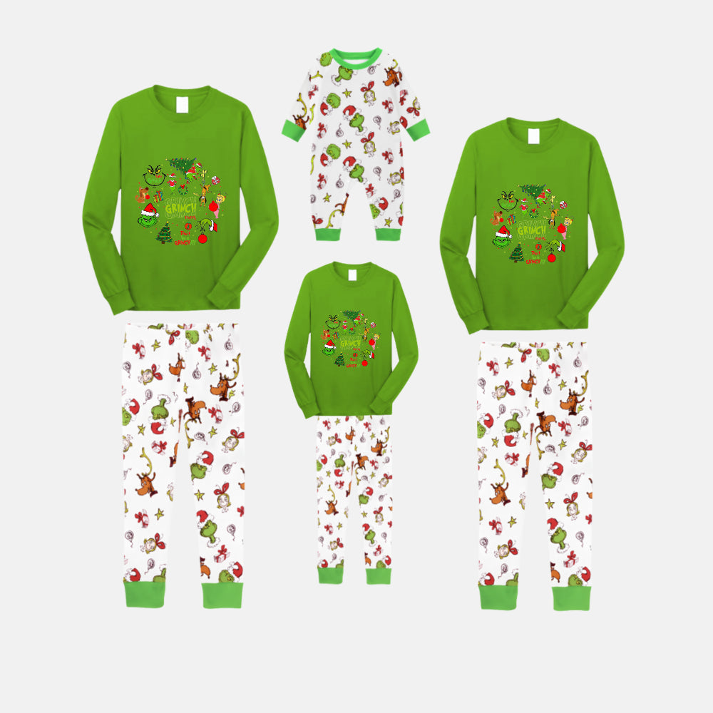 Christmas Family Matching Pajamas-Green Top and Grinch Pants Pjs Set with Grinch and Christmas Pattern Print