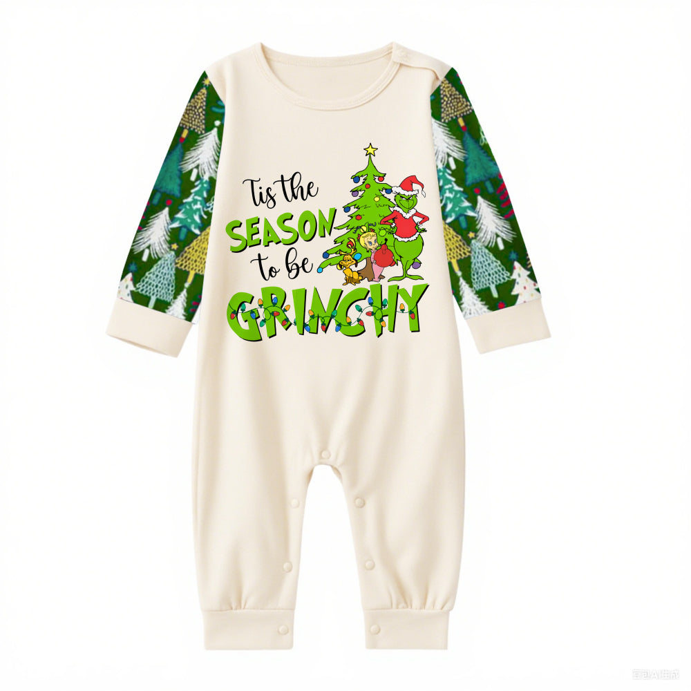 Family Christmas Pajamas Set With Grinch and Holiday Text Print