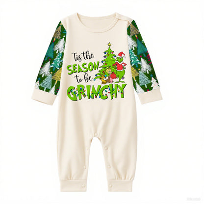 Family Christmas Pajamas Set With Grinch and Holiday Text Print
