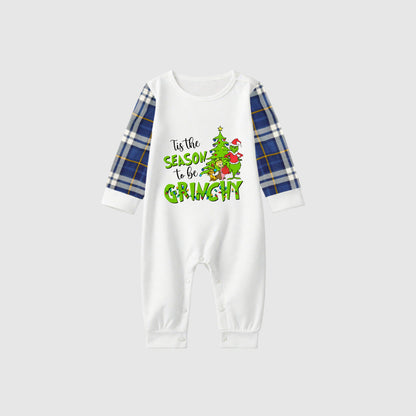 Christmas Family Matching Pajamas-Blue Raglan Top Blue Plaid Pants Pjs Set with Grinch and "Tis the season to be grinchy" Print