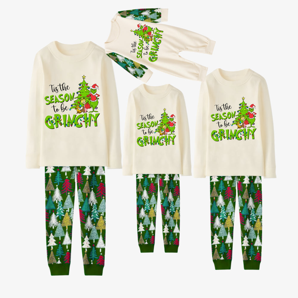 Family Christmas Pajamas Set With Grinch and Holiday Text Print