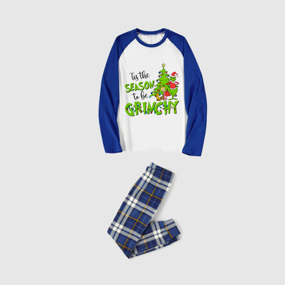 Christmas Family Matching Pajamas-Blue Raglan Top Blue Plaid Pants Pjs Set with Grinch and "Tis the season to be grinchy" Print