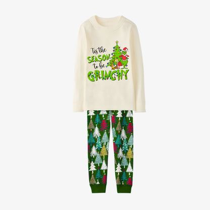 Family Christmas Pajamas Set With Grinch and Holiday Text Print