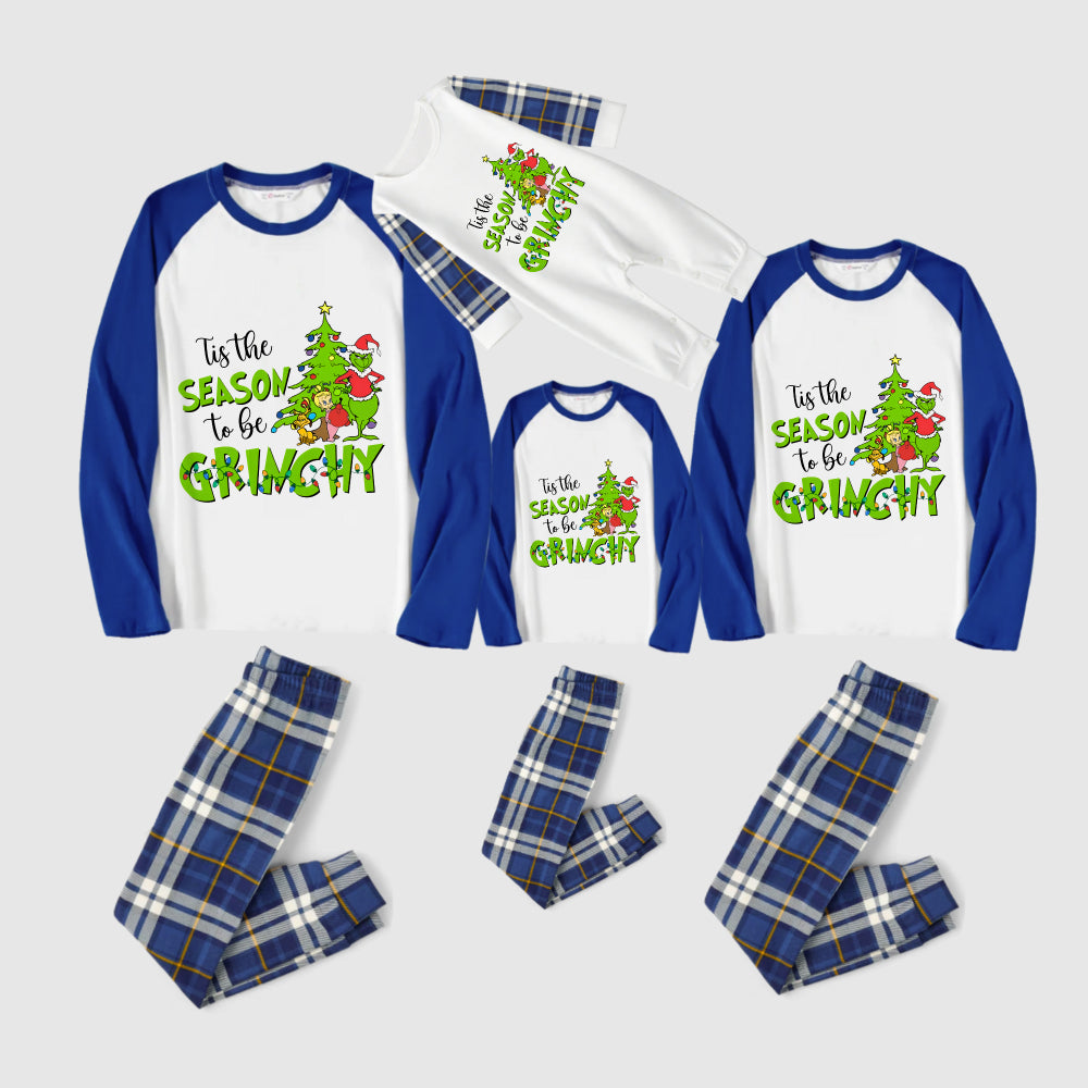 Christmas Family Matching Pajamas-Blue Raglan Top Blue Plaid Pants Pjs Set with Grinch and "Tis the season to be grinchy" Print