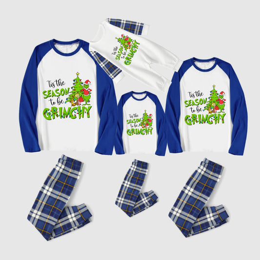 Christmas Family Matching Pajamas-Blue Raglan Top Blue Plaid Pants Pjs Set with Grinch and "Tis the season to be grinchy" Print