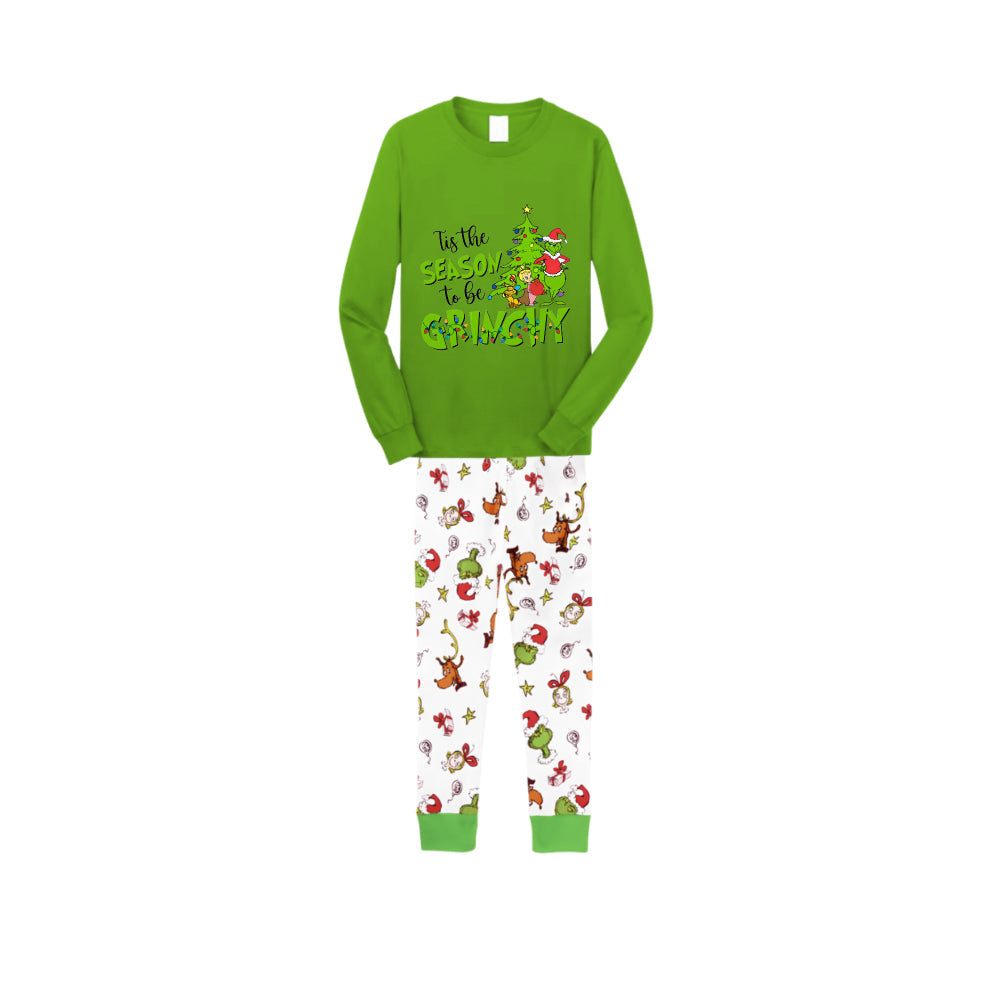 Christmas Family Matching Pajamas-Green Top and Grinch Pants Pjs Set with "Tis The Season To Be Grinchy" Print