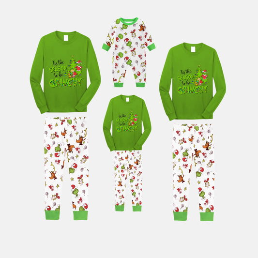 Christmas Family Matching Pajamas-Green Top and Grinch Pants Pjs Set with "Tis The Season To Be Grinchy" Print