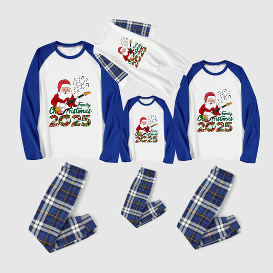 Christmas Family Matching Pajamas-Blue Raglan Top Blue Plaid Pants Pjs Set with Santa and "Family Christmas" Letter Print