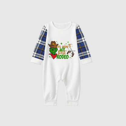 Christmas Family Matching Pajamas-Blue Raglan Top Blue Plaid Pants Pjs Set with Grinch and "This ain't my first rodeo" Print