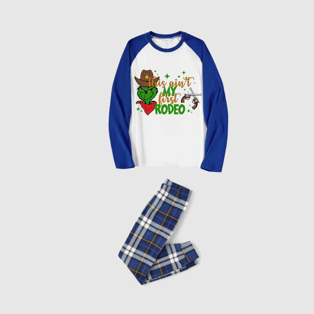 Christmas Family Matching Pajamas-Blue Raglan Top Blue Plaid Pants Pjs Set with Grinch and "This ain't my first rodeo" Print