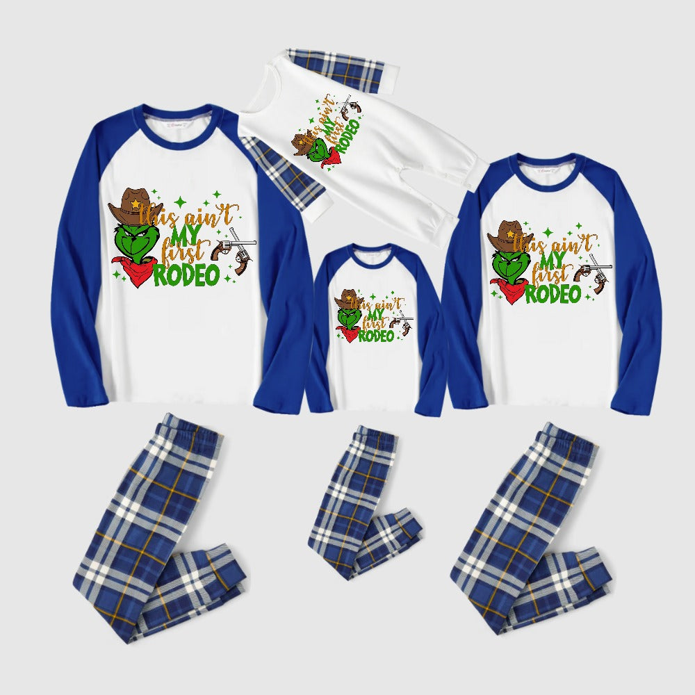 Christmas Family Matching Pajamas-Blue Raglan Top Blue Plaid Pants Pjs Set with Grinch and "This ain't my first rodeo" Print