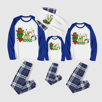 Christmas Family Matching Pajamas-Blue Raglan Top Blue Plaid Pants Pjs Set with Grinch and "This ain't my first rodeo" Print