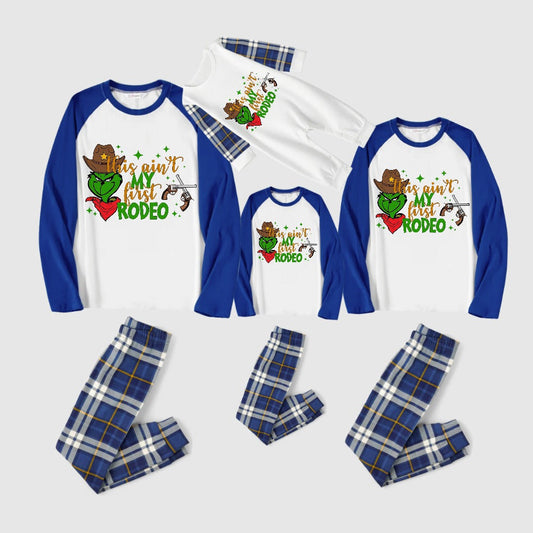 Christmas Family Matching Pajamas-Blue Raglan Top Blue Plaid Pants Pjs Set with Grinch and "This ain't my first rodeo" Print
