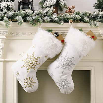 Christmas White Plush Candy Snowflakes Pearl Stockings Gift Bags