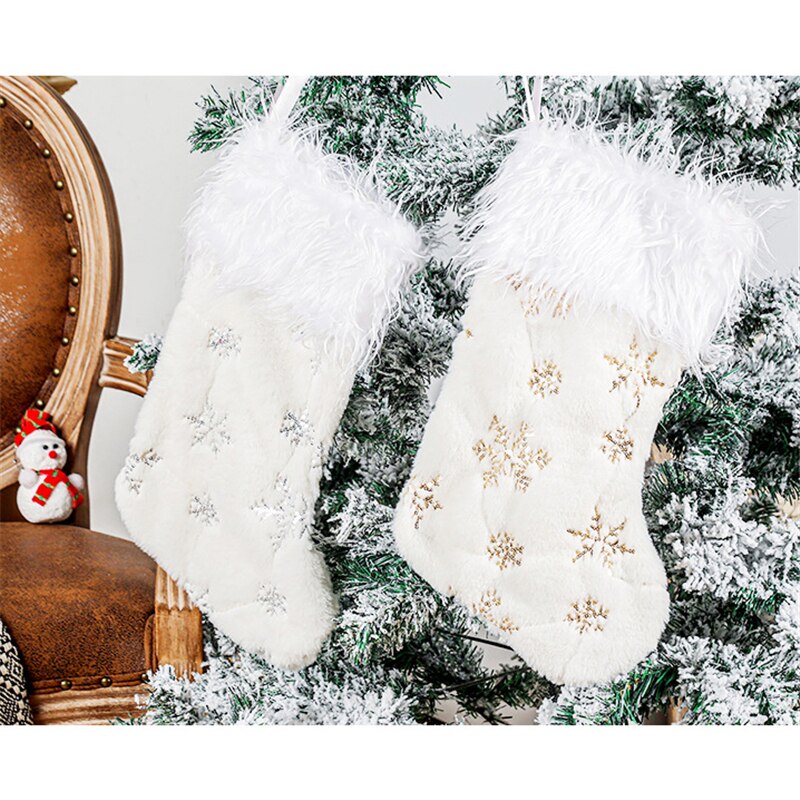 Christmas White Plush Candy Snowflakes Pearl Stockings Gift Bags