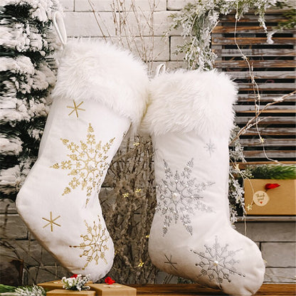 Christmas White Plush Candy Snowflakes Pearl Stockings Gift Bags