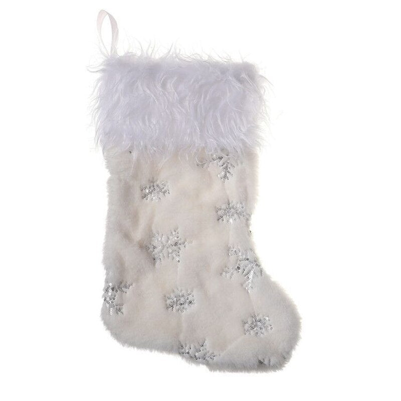 Christmas White Plush Candy Snowflakes Pearl Stockings Gift Bags