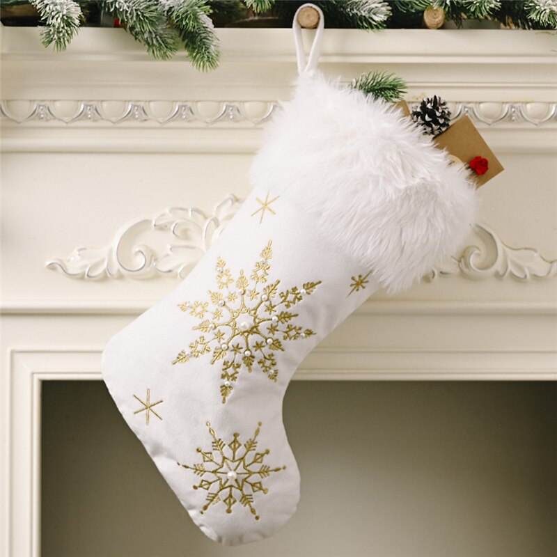 Christmas White Plush Candy Snowflakes Pearl Stockings Gift Bags