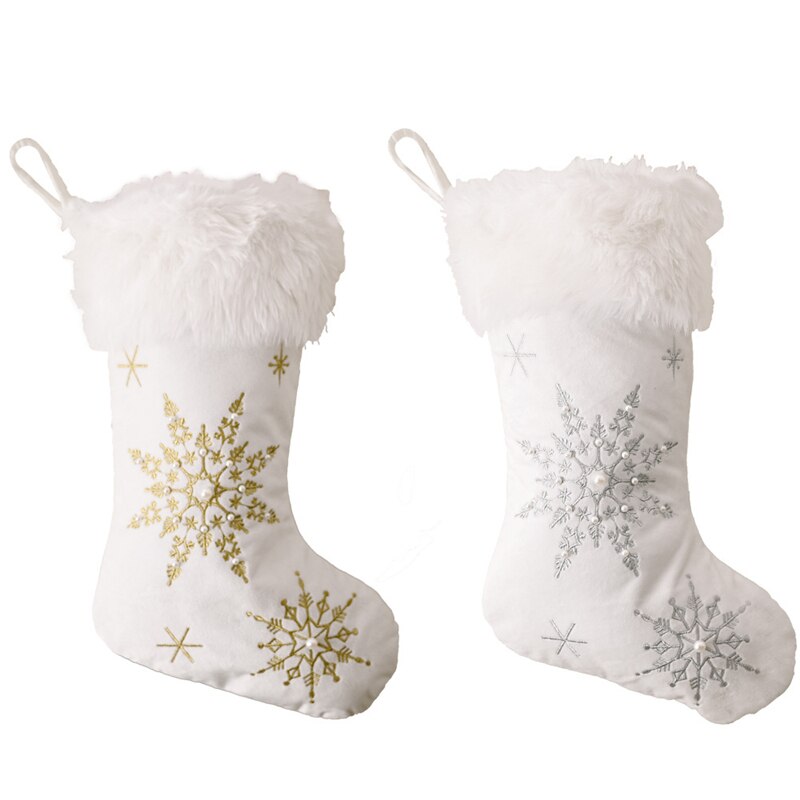 Christmas White Plush Candy Snowflakes Pearl Stockings Gift Bags