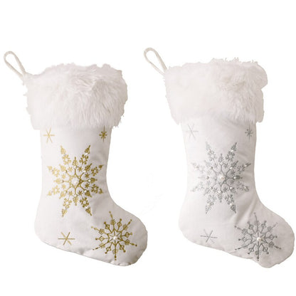 Christmas White Plush Candy Snowflakes Pearl Stockings Gift Bags
