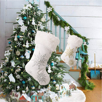 Christmas White Plush Candy Snowflakes Pearl Stockings Gift Bags