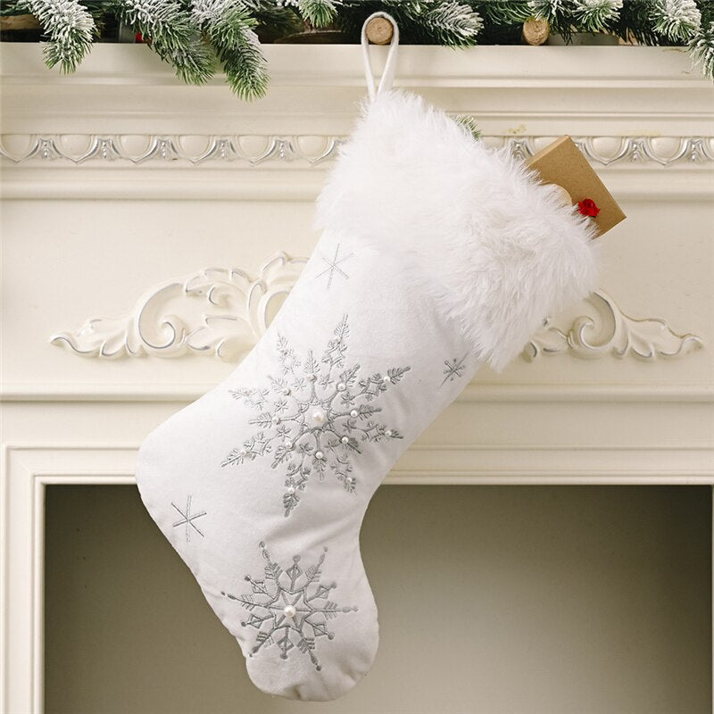 Christmas White Plush Candy Snowflakes Pearl Stockings Gift Bags