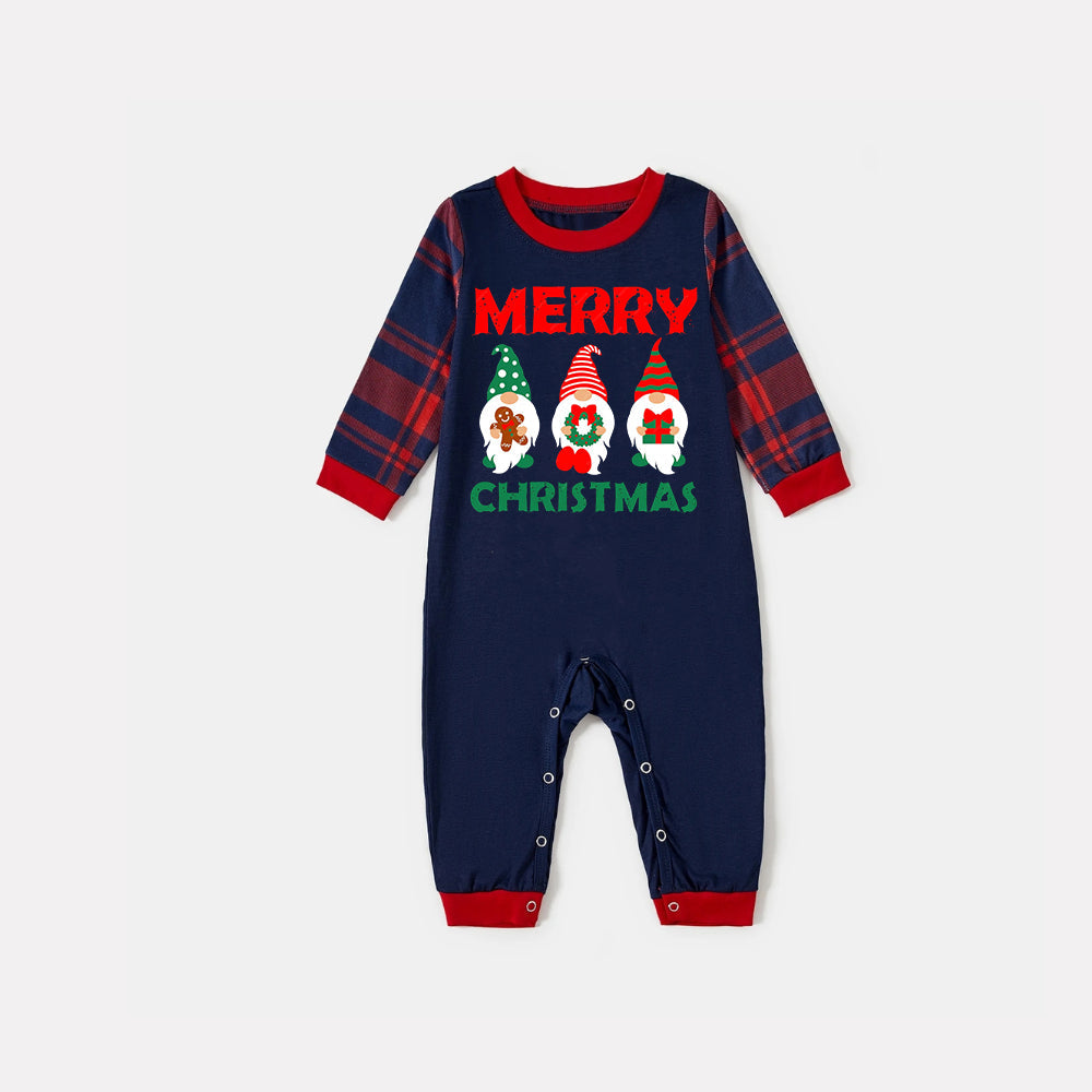 Christmas Elf Pattern Blue Long Sleeve Top with Blue & Red Plaid Family Matching Pajamas