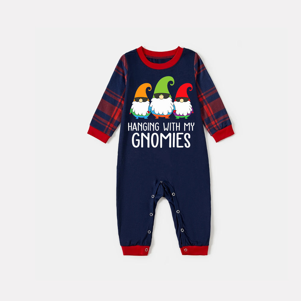 Three Santas "HANGING WITH MY GNOMIES" Monogram Print Blue Long Sleeves Top with Classic Red & Blue Plaid Pants Family Matching Pajamas