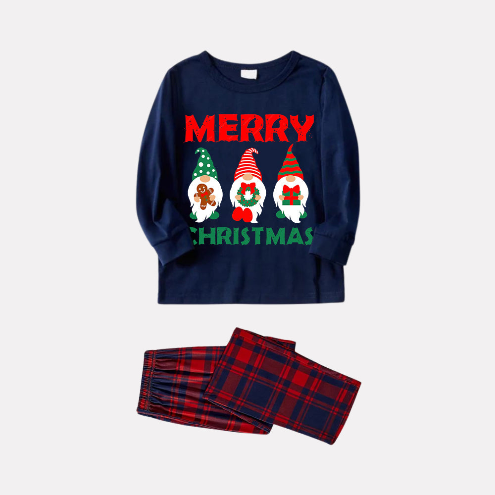 Christmas Elf Pattern Blue Long Sleeve Top with Blue & Red Plaid Family Matching Pajamas