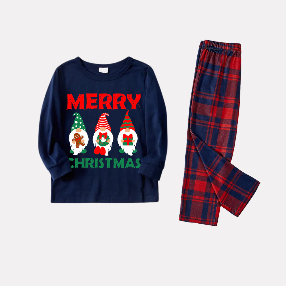 Christmas Elf Pattern Blue Long Sleeve Top with Blue & Red Plaid Family Matching Pajamas