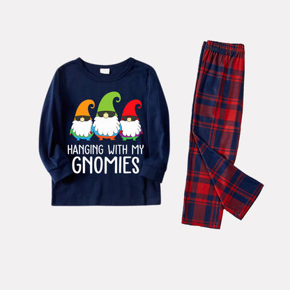 Three Santas "HANGING WITH MY GNOMIES" Monogram Print Blue Long Sleeves Top with Classic Red & Blue Plaid Pants Family Matching Pajamas