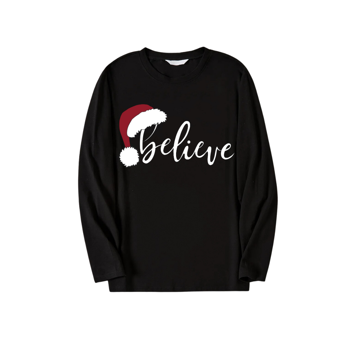 Christmas "Believe" Text Print Black Long Sleeve Top with Green and Black Plaid Family Matching Pajamas