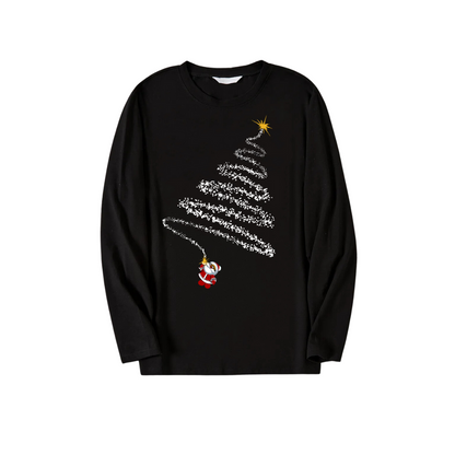 Santa Claus and Christmas Tree Print Black Long Sleeve Top with Green and Black Plaid Couple Matching Pajamas