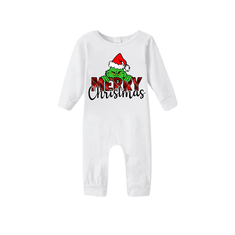 "Merry Christmas" Letter Print 2025 Green Elf Cartoon Pattern Contrast White Long Sleeve with Classic Red and Green Plaid Pants Family Matching Pajamas