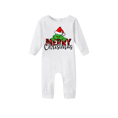 "Merry Christmas" Letter Print 2025 Green Elf Cartoon Pattern Contrast White Long Sleeve with Classic Red and Green Plaid Pants Family Matching Pajamas