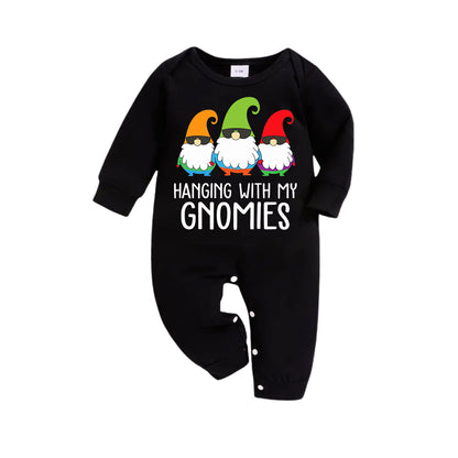 Three Santas "HANGING WITH MY GNOMIES" Monogram Print Black Long Sleeves Top with Vintage Green and Black Large Plaid Pants Family Matching Pajamas
