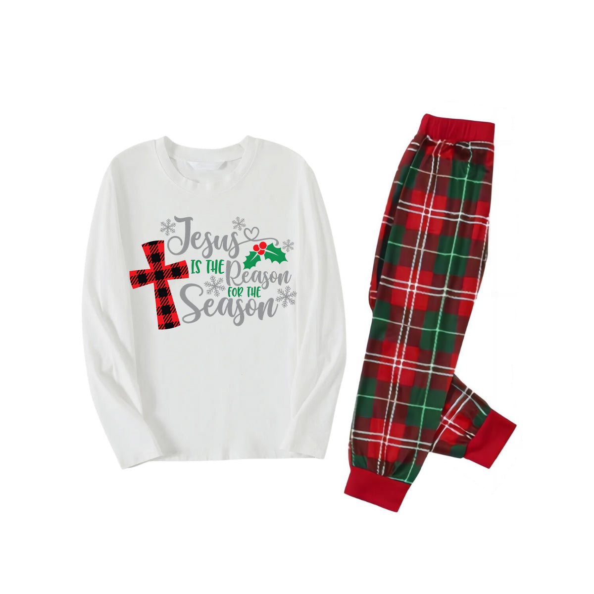 Christmas "Jesus is the Reason of the Season" Letter Print Patterned White Long Sleeve with White&Red&Green Plaid Pants Family Matching Pajamas
