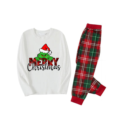 "Merry Christmas" Letter Print 2025 Green Elf Cartoon Pattern Contrast White Long Sleeve with Classic Red and Green Plaid Pants Family Matching Pajamas