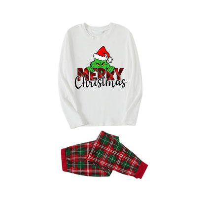 "Merry Christmas" Letter Print 2025 Green Elf Cartoon Pattern Contrast White Long Sleeve with Classic Red and Green Plaid Pants Family Matching Pajamas
