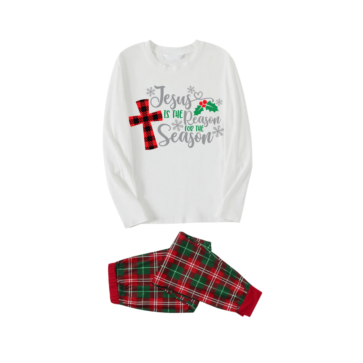 Christmas "Jesus is the Reason of the Season" Letter Print Patterned White Long Sleeve with White&Red&Green Plaid Pants Family Matching Pajamas
