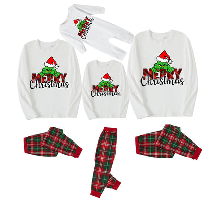 "Merry Christmas" Letter Print 2025 Green Elf Cartoon Pattern Contrast White Long Sleeve with Classic Red and Green Plaid Pants Family Matching Pajamas