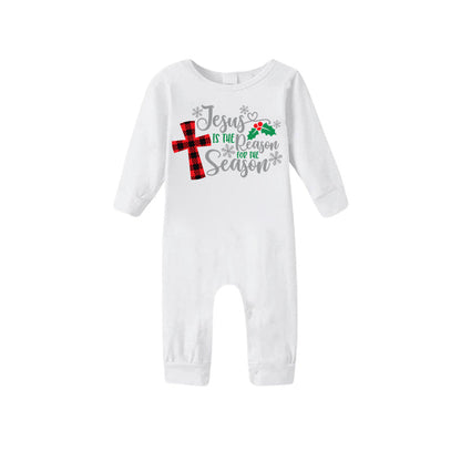 Christmas "Jesus is the Reason of the Season" Letter Print Patterned White Long Sleeve with White&Red&Green Plaid Pants Family Matching Pajamas