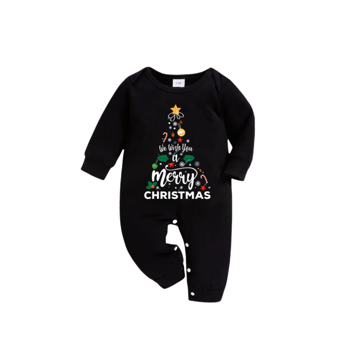 'We wish you a merry CHRISTMAS'And Christmas Tree Pattern Black Long Sleeve Top