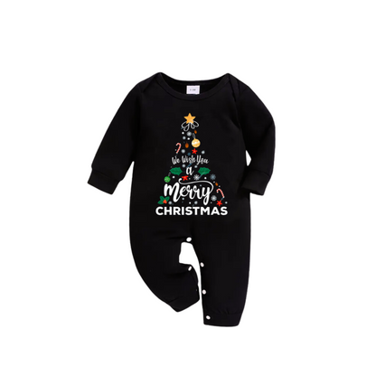 'We wish you a merry CHRISTMAS'And Christmas Tree Pattern Black Long Sleeve Top