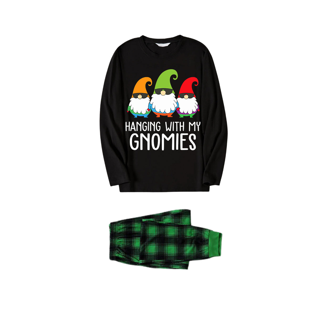 Three Santas "HANGING WITH MY GNOMIES" Monogram Print Black Long Sleeves Top with Vintage Green and Black Large Plaid Pants Family Matching Pajamas