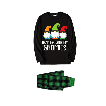 Three Santas "HANGING WITH MY GNOMIES" Monogram Print Black Long Sleeves Top with Vintage Green and Black Large Plaid Pants Family Matching Pajamas