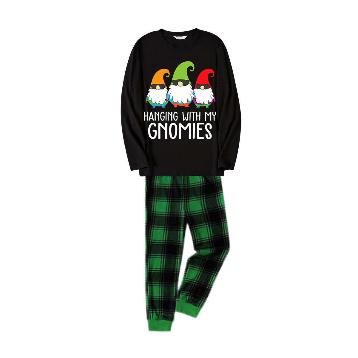 Three Santas "HANGING WITH MY GNOMIES" Monogram Print Black Long Sleeves Top with Vintage Green and Black Large Plaid Pants Family Matching Pajamas