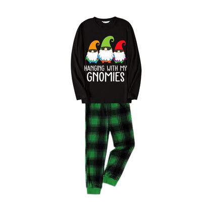 Three Santas "HANGING WITH MY GNOMIES" Monogram Print Black Long Sleeves Top with Vintage Green and Black Large Plaid Pants Family Matching Pajamas