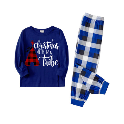 "Christmas With My Tribe"  Pattern Blue Long Sleeves with Blue&White&Black Plaid Pants Family Matching Pajamas